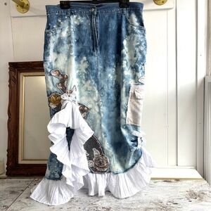 Upcycled Denim Chambray Maxi Skirt Ruffle Eyelet Lace Boho Western Prairie Large